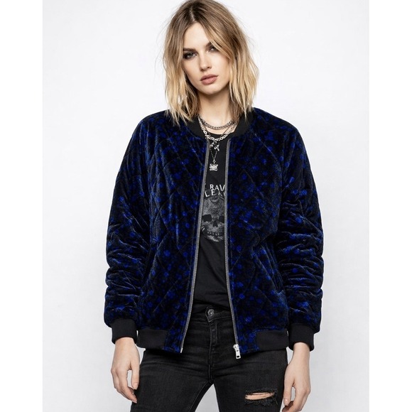 FRNCH Jackets & Blazers - FRNCH Paris Luisa Blue Velvet Quilted Bomber Jacket Size M